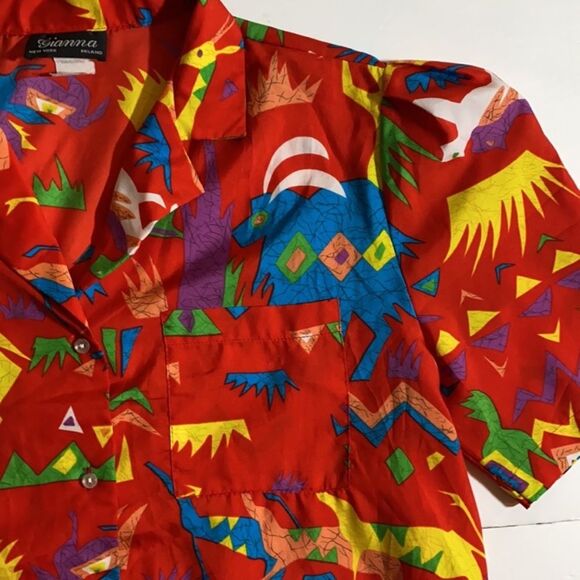 Vintage  Hawaiian Animal Graphic Print Puff Sleeve Button Down Shirt - Picture 3 of 9